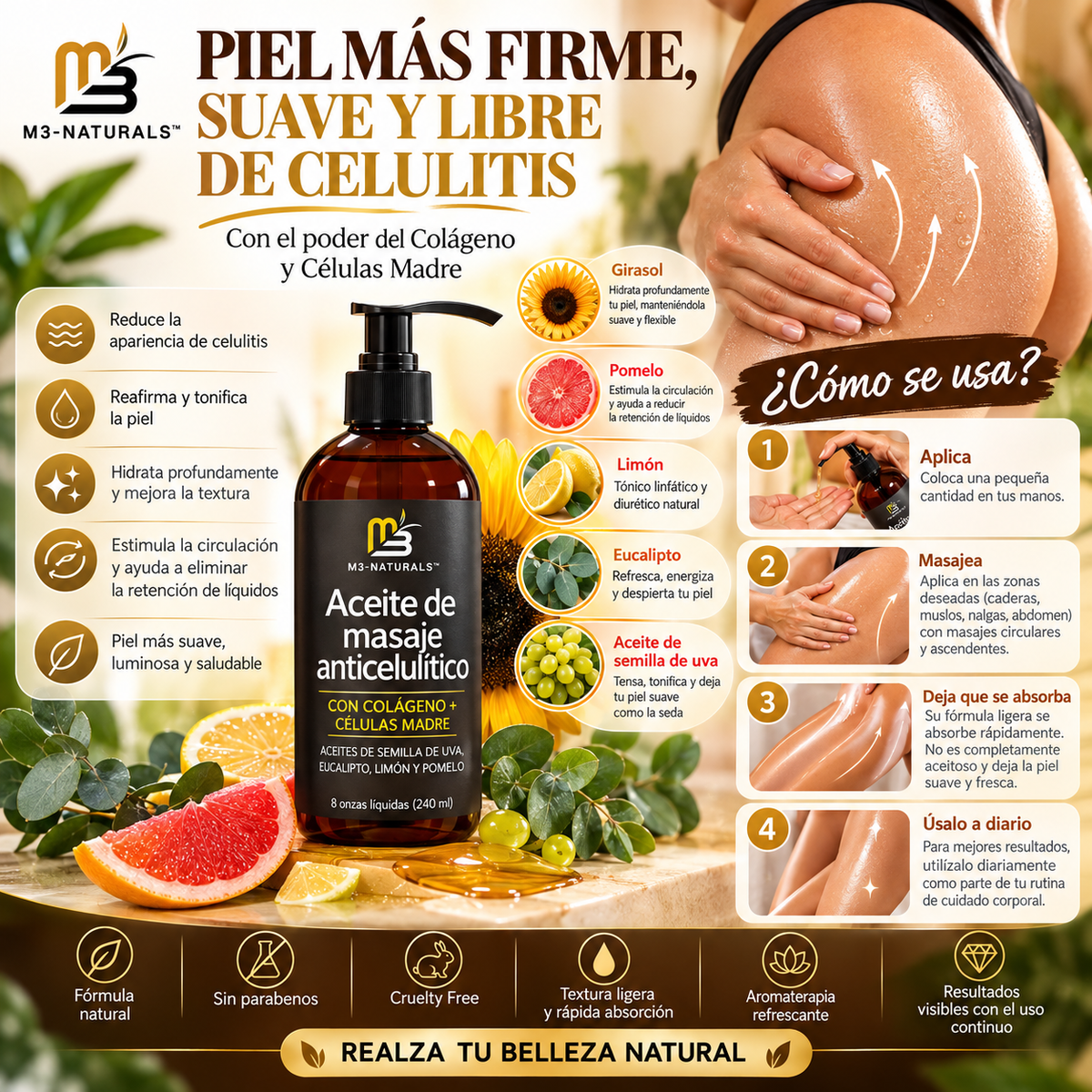 Aceite Masaje Corporal Reafirmante, M3 Naturals 240ml