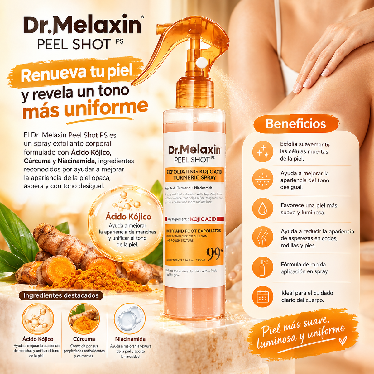 Spray exfoliante Peel Shot con ácido kójico y cúrcuma, DR MELAXIN 200 ML